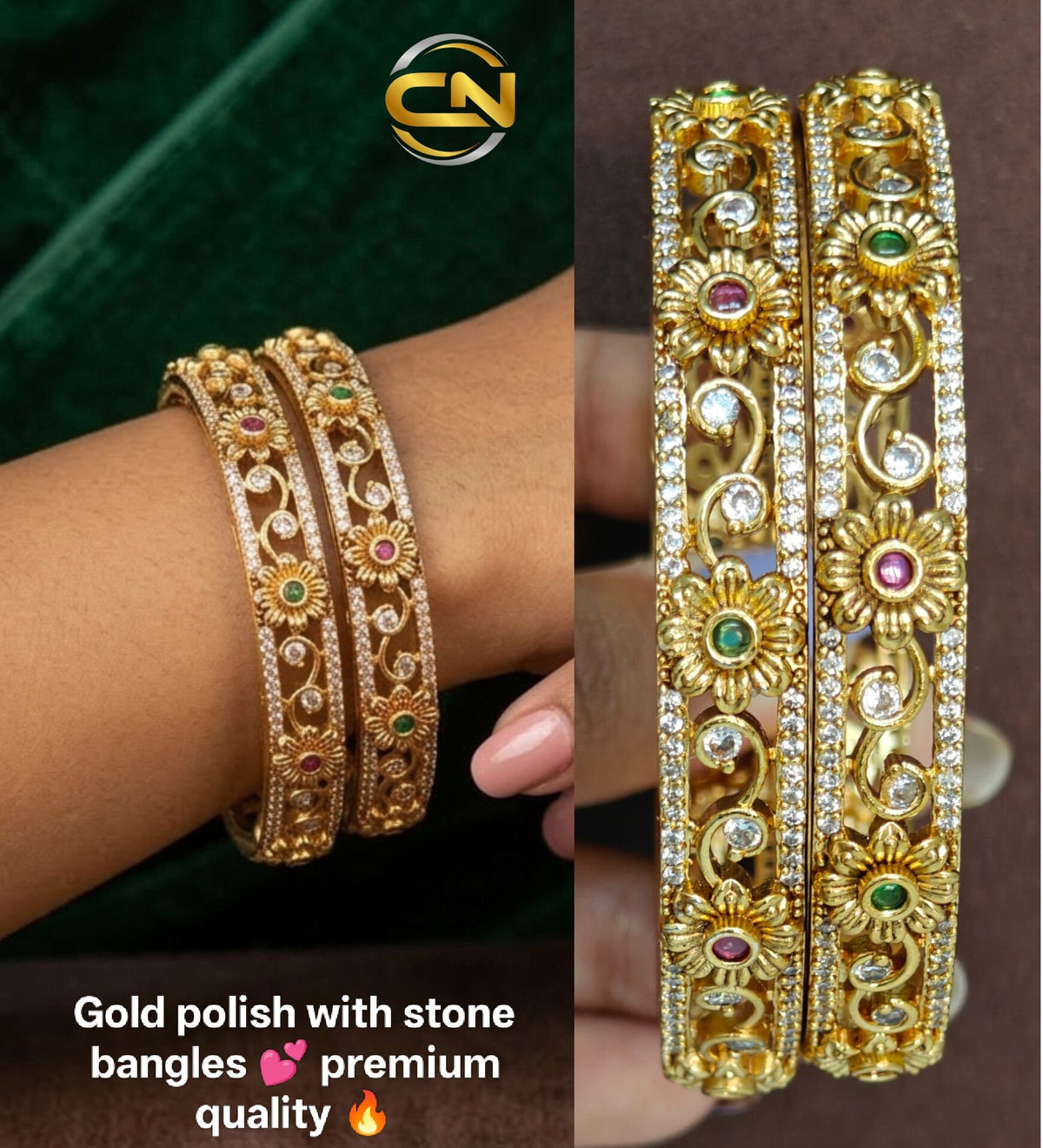 Gold polish with stone bangles 💕