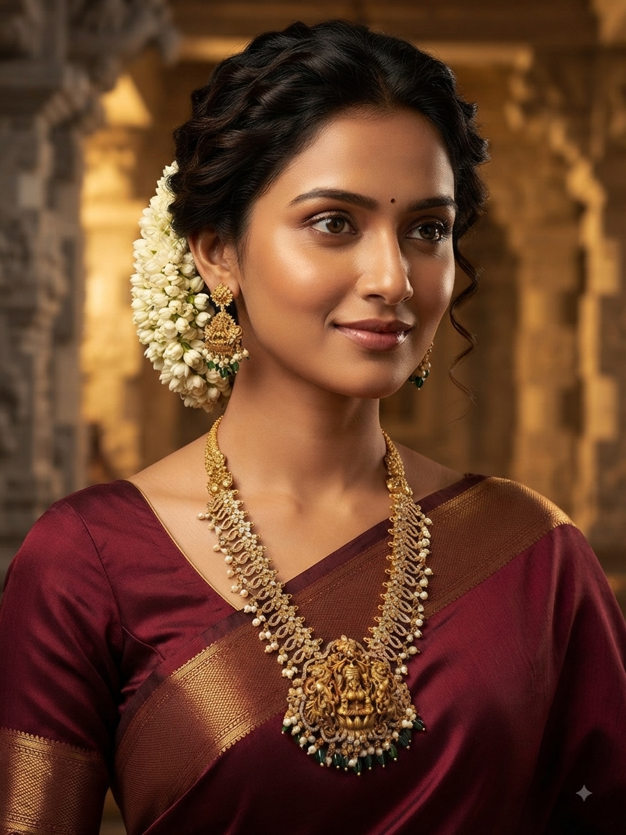 A woman wearing a deep maroon silk saree with gold zari borders, styled with a large gold necklace, matching earrings, and white floral hair ornaments, set against a warm, blurred architectural background.